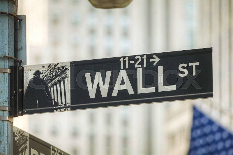 Wall street sign in New York City, USA, stock photo