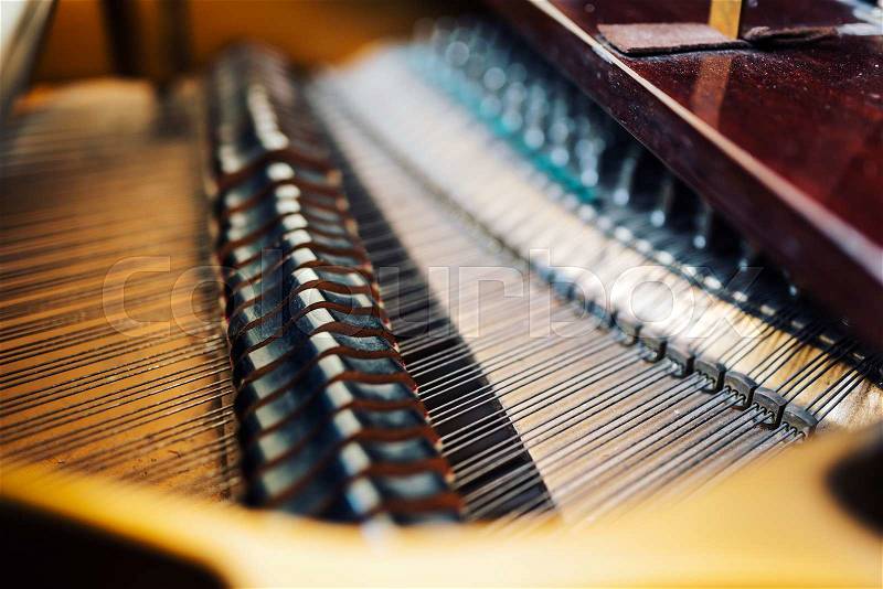 The internal parts of the grand piano strings, stock photo