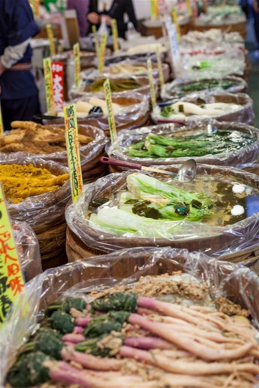 Traditional food market in Kyoto. Japan, stock photo
