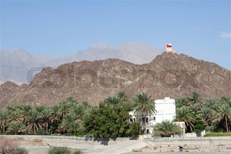 The Hajjar mountains rise behind an oasis with palm trees in Oman, Middle East, stock photo