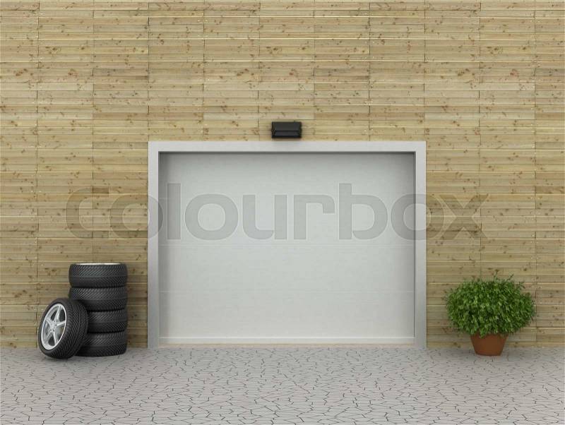Garage doors and tire. Garage concept, stock photo