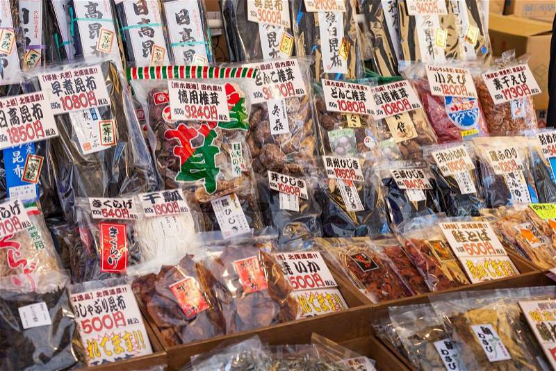 Sale of Japanese traditional products, stock photo