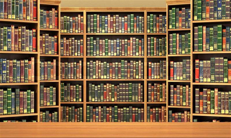 Table on background of bookshelf full of books . Old library, stock photo