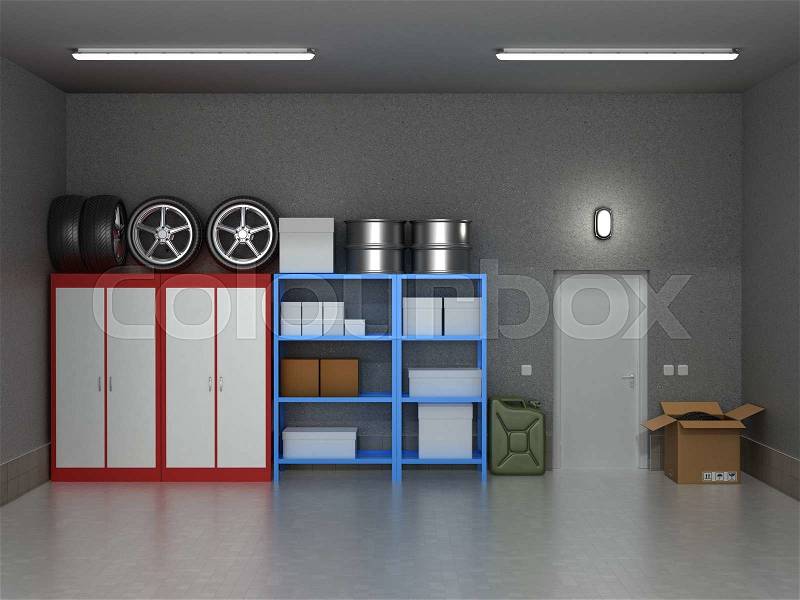 The interior suburban garage with wheels and boxes, stock photo