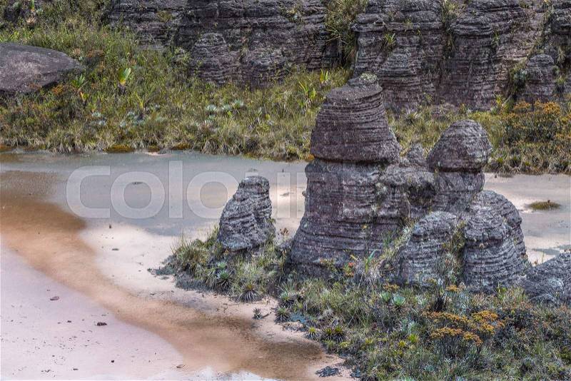 Bizarre ancient rocks of the plateau Roraima tepui - Venezuela, Latin America, stock photo