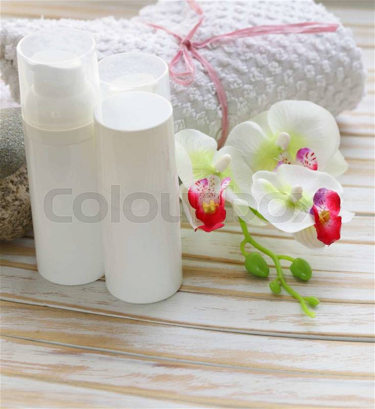 Assortment of jars creams lotion - organic cosmetics, stock photo