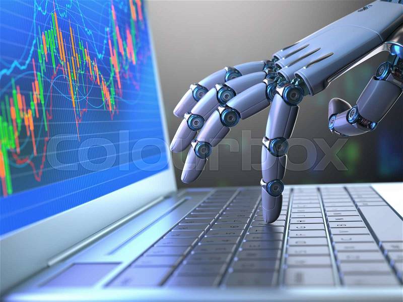 Robot hand, ordering on a laptop keyboard, an exchange trade. Robot trading system is a computer trading program that automatically submits trades to an exchange without any human interventions. Depth of field with focus on finger, stock photo
