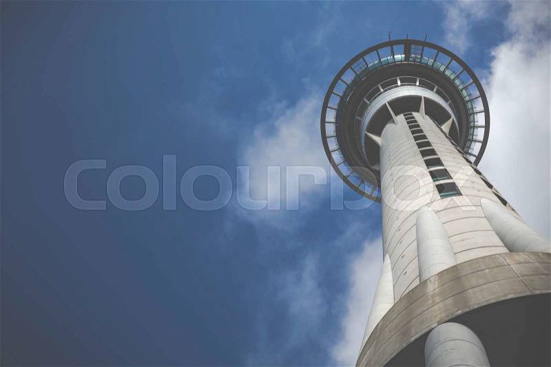 AUCKLAND, NEW ZEALAND - NOV 24 2014: 328 metres (1,076 ft) tall Auckland Sky Tower. It\'s tallest free-standing structure in the Southern Hemisphere and iconic symbol of Auckland New Zealand, stock photo