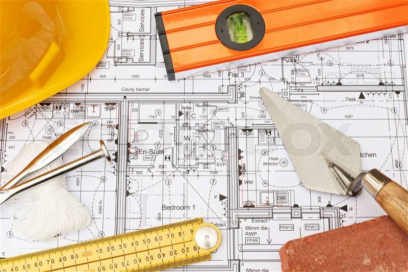 Building Components Arranged On House Plans, stock photo