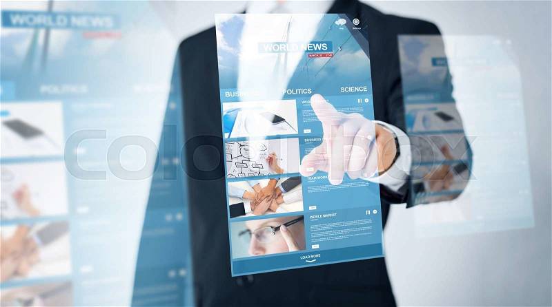 People, business, technology and mass media concept - close up of man pointing finger to world news projection, stock photo