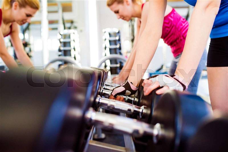 Close up of two attractive fit women in gym working out with weights, stock photo
