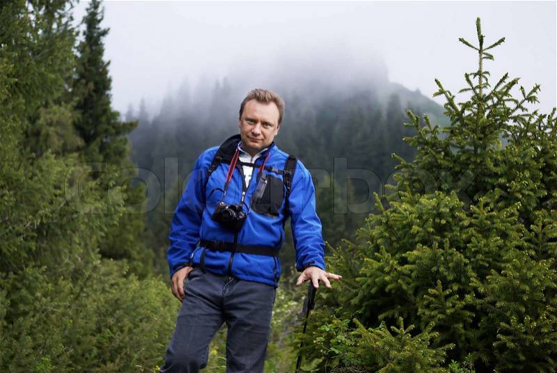 Backpacker man in mountain pine forest, stock photo