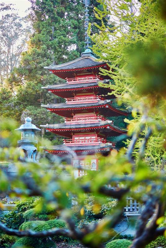 Beautiful red pagoda in Japanese garden of Golden Gate park, San Francisco, California, USA, stock photo