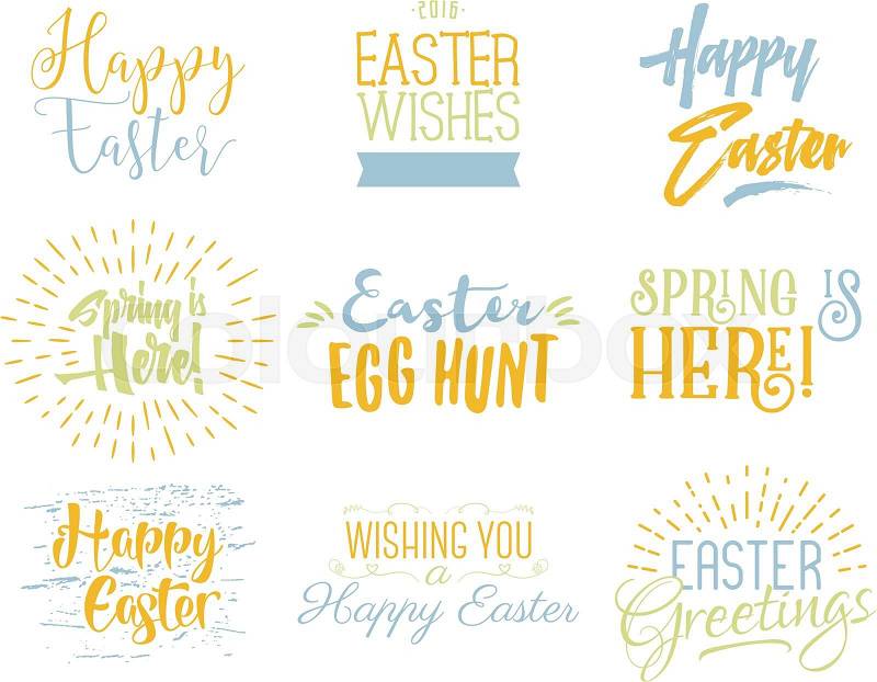 Easter wishes overlays, lettering labels design set. Holiday easter badges. Hand drawn emblems. Isolated. Religious holiday sign or logo. Easter photo overlays design for web, print. Pastel Palette, vector