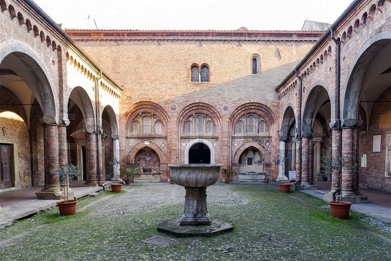 Cloister inside the complex of Santo Stefano, also called Seven Churches, in Bologna, stock photo