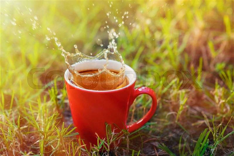 Red mug of tea on a background of grass in the park, stock photo