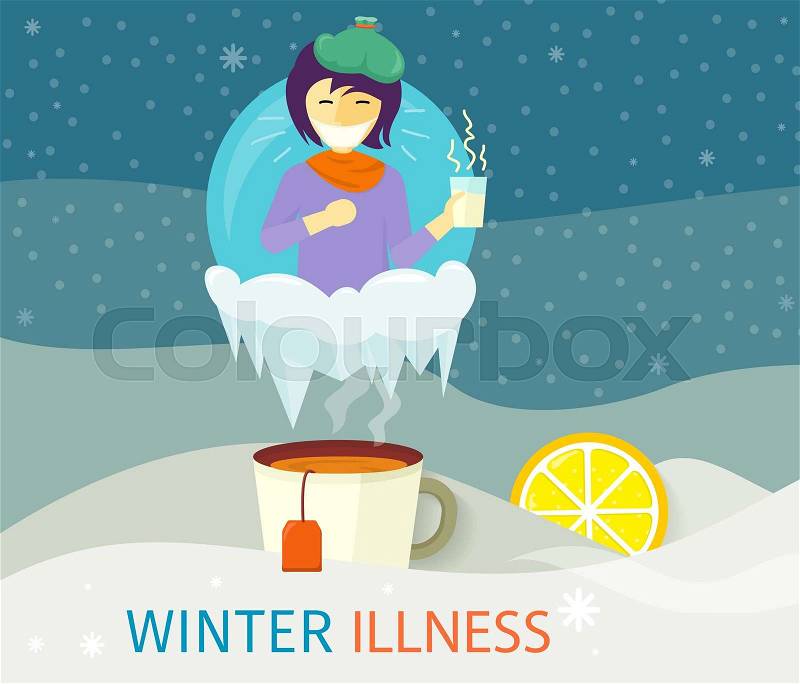 Winter illness season people design. Cold and sick, virus and health, flu infection, fever disease, sickness and temperature, unwell and scarf illustration. Infected infographic. Illness concept, vector