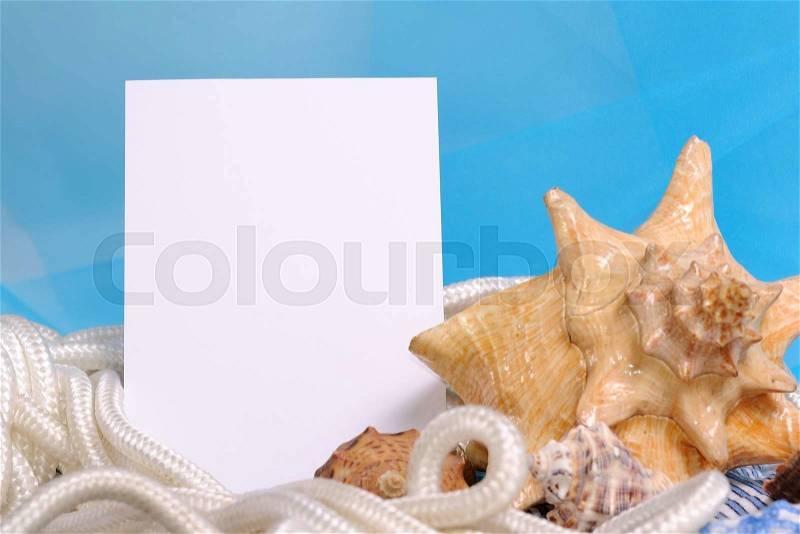 Frame for photo on a sea blue background with shell and rope. Just insert yours image in blank template, stock photo