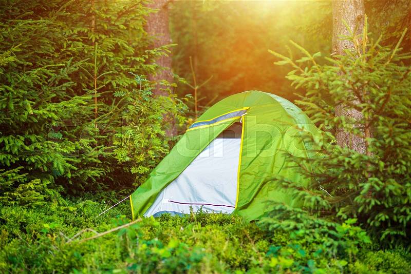 Wild Summer Camping in the Middle of Nowhere. Camping and Recreation Theme, stock photo
