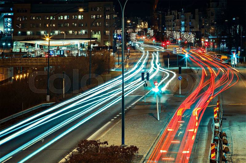 Image of city traffic light trails at night. Helsingborg, Sweden. , stock photo