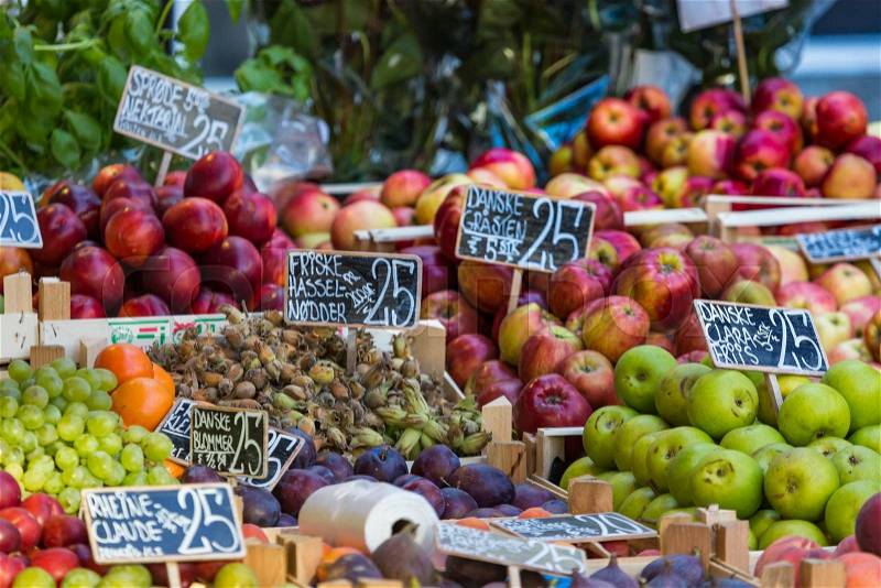 Fresh fruits on a farm market in Copenhagen, Denmark. , stock photo