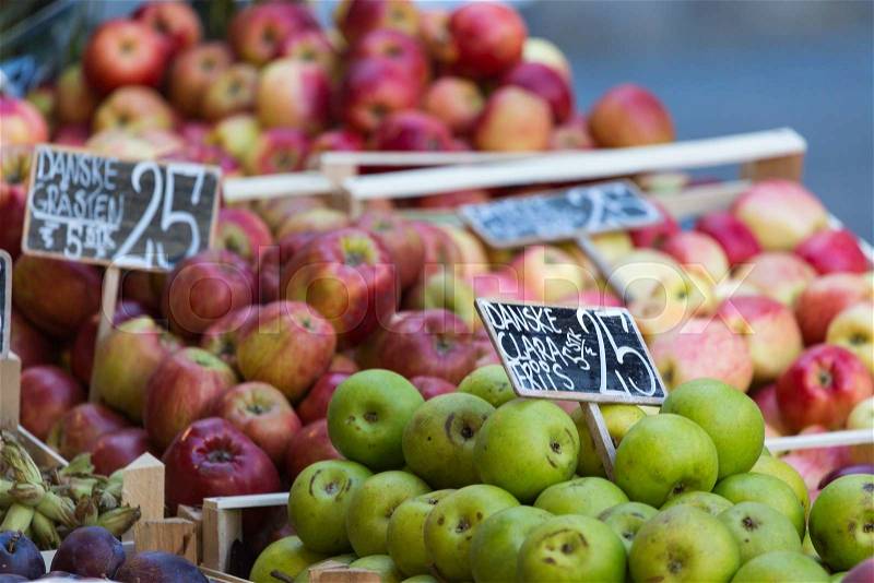 Fresh fruits on a farm market in Copenhagen, Denmark. , stock photo