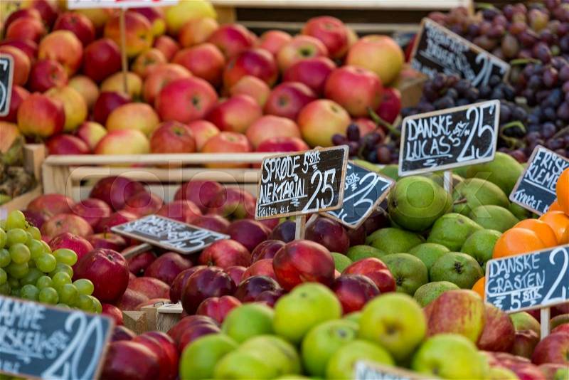 Green and red apples in local market in Copenhagen,Denmark. , stock photo