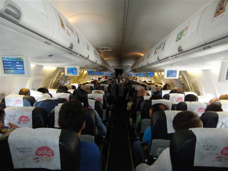 Airplane interior inside, stock photo