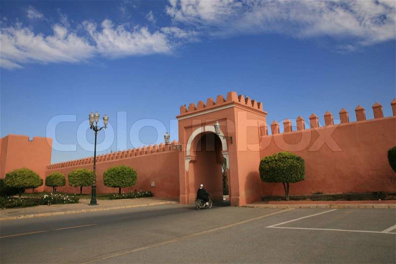 Gate in traditional oriental style near Royal Palace Marrakech Morocco, stock photo