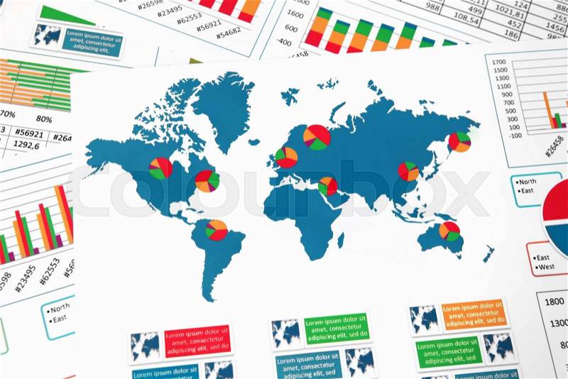 World map with charts, graphs and diagrams report, stock photo