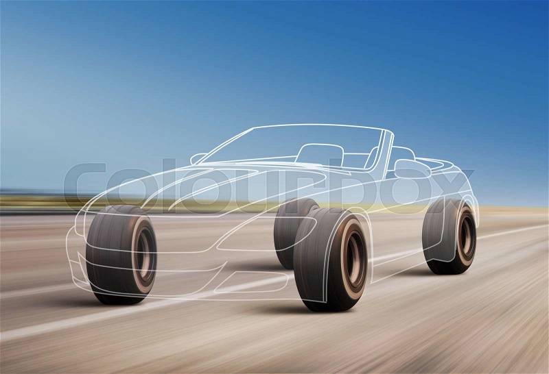 Car outline and wheels rushes on road with high speed, stock photo