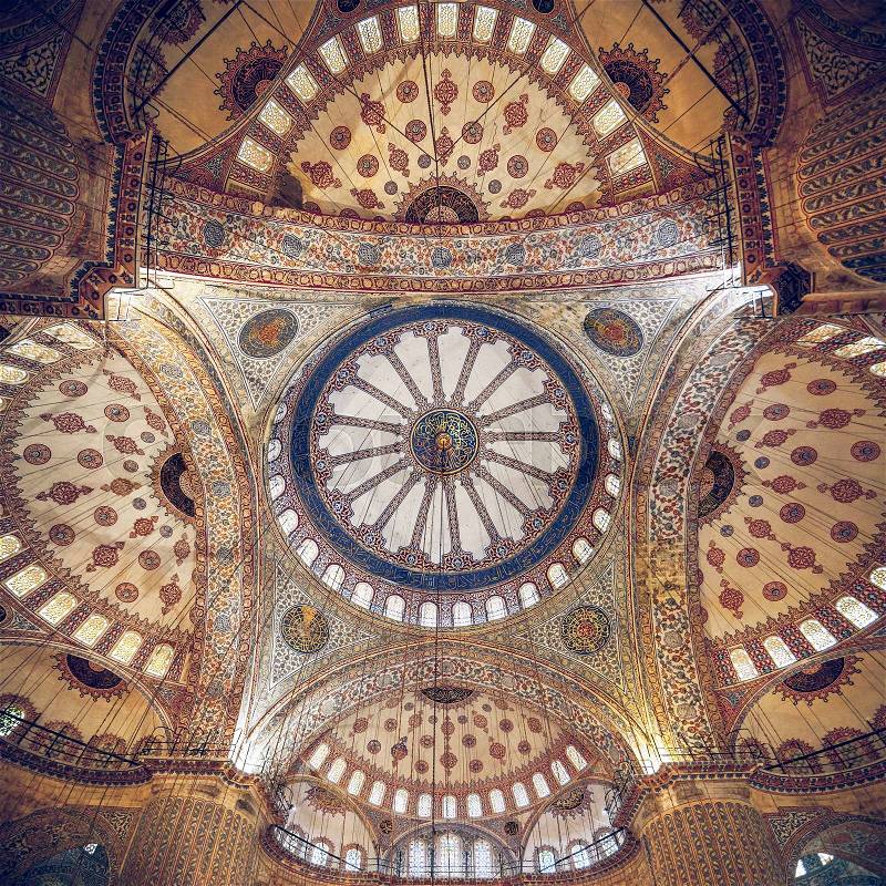 ISTANBUL - JUN 18: Blue Mosque intricate ceiling. Also know as the Sultan Ahmed Mosque, it is historic mosque in June 18, 2015 in Istanbul, Turkey, stock photo