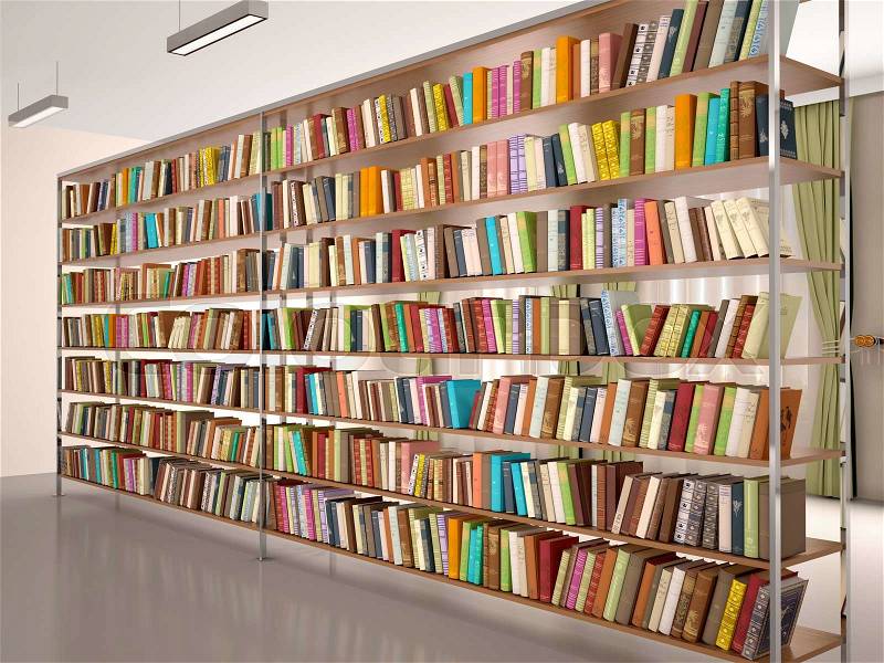 3d illustration of Bright and modern books on the shelves in the library, stock photo