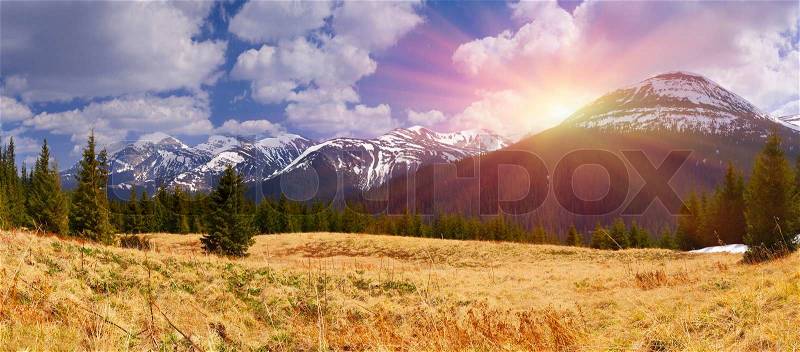 Spring landscape in the mountains. Sunrise, stock photo