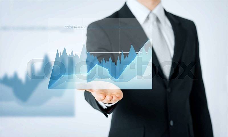 People, business, tecnology and progress concept - close up of man hand showing diagram chart projection, stock photo