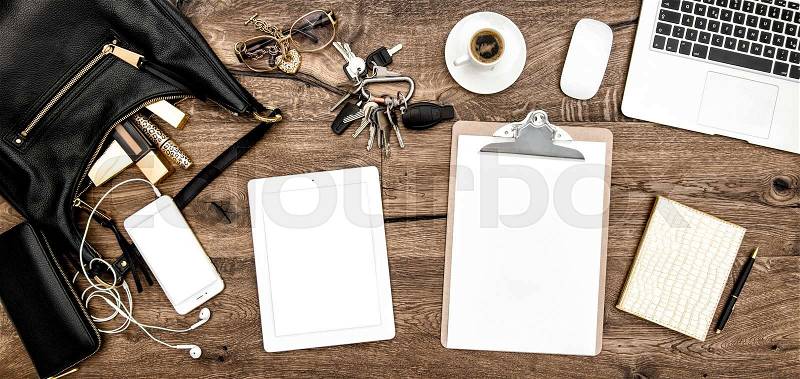 Feminine fashion mockup. Office desk with coffee, office supplies, cosmetics and electronic gadgets, stock photo