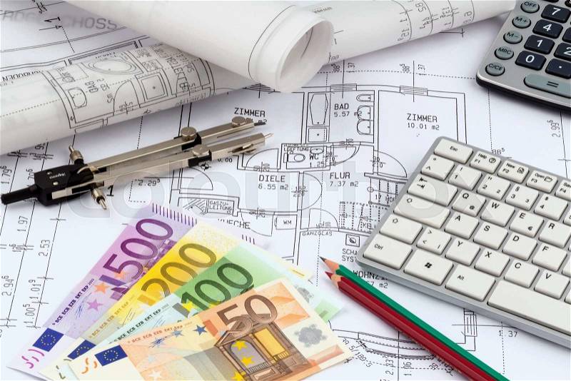 An architect's blueprint with euro money. symbol photo for funding and planning of a new house, stock photo