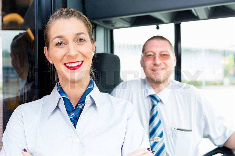 Bus or coach driver and tourist guide , stock photo