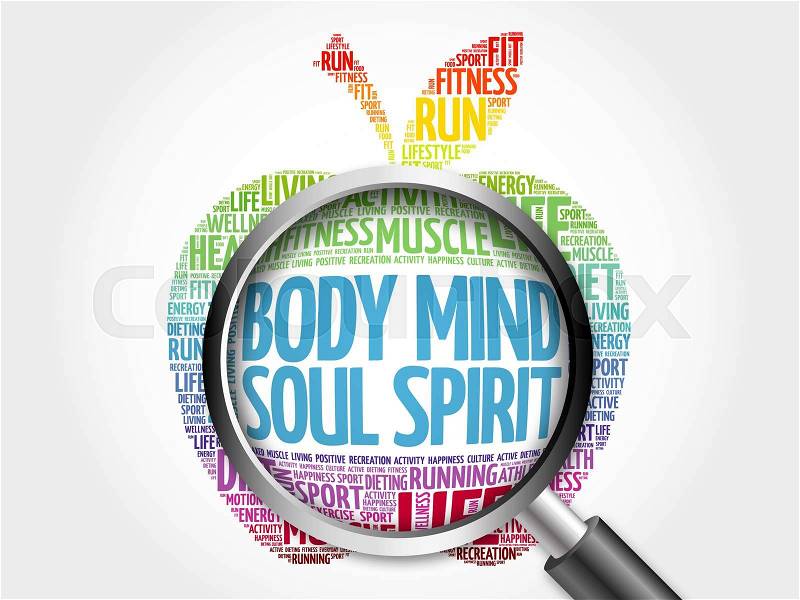 Body Mind Soul Spirit apple word cloud with magnifying glass, health concept, stock photo