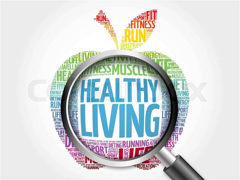 Healthy Living apple word cloud with magnifying glass, health concept, stock photo