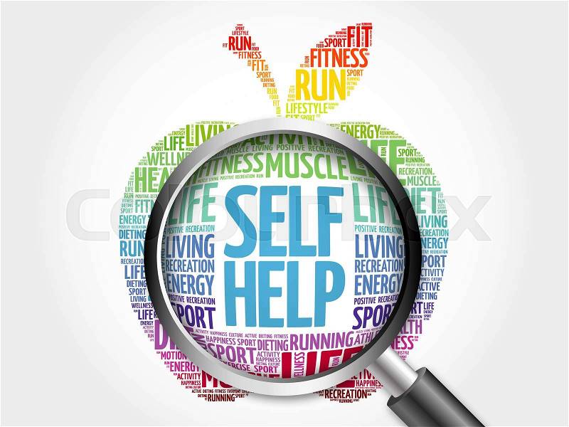 Self Help apple word cloud with magnifying glass, health concept, stock photo