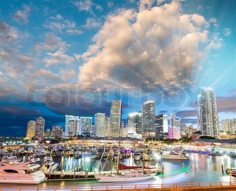 Miami night skyline from Port Boulevard. Florida sunset, stock photo