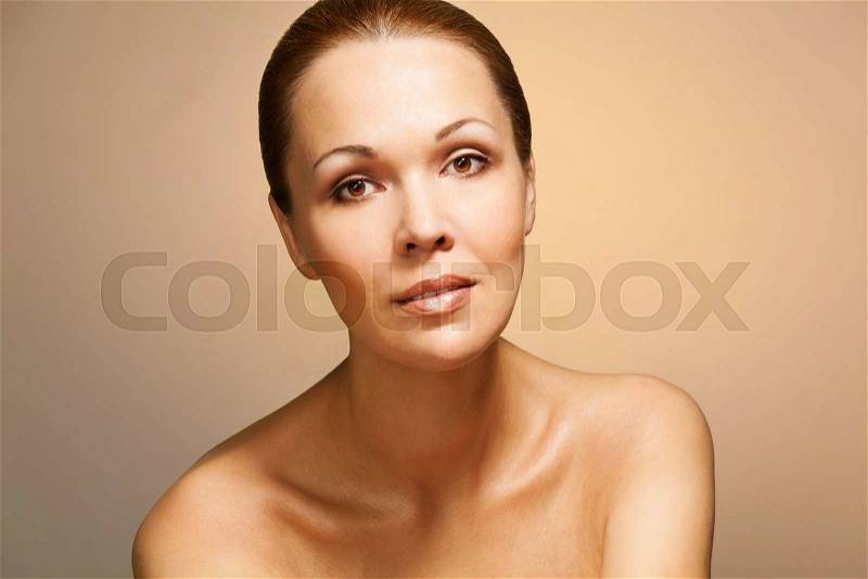 Beautiful Caucasian nude woman looking straight in beauty style, stock photo