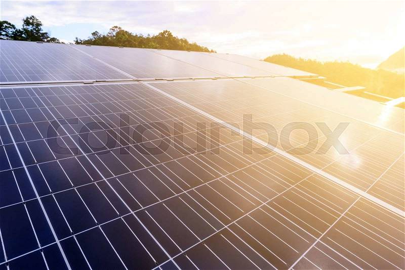 Close up of solar cells for renewable solar energy with the sun, stock photo