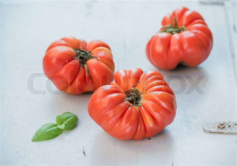 Fresh ripe hairloom tomatoes and basil leaves over light blue wooden background, stock photo