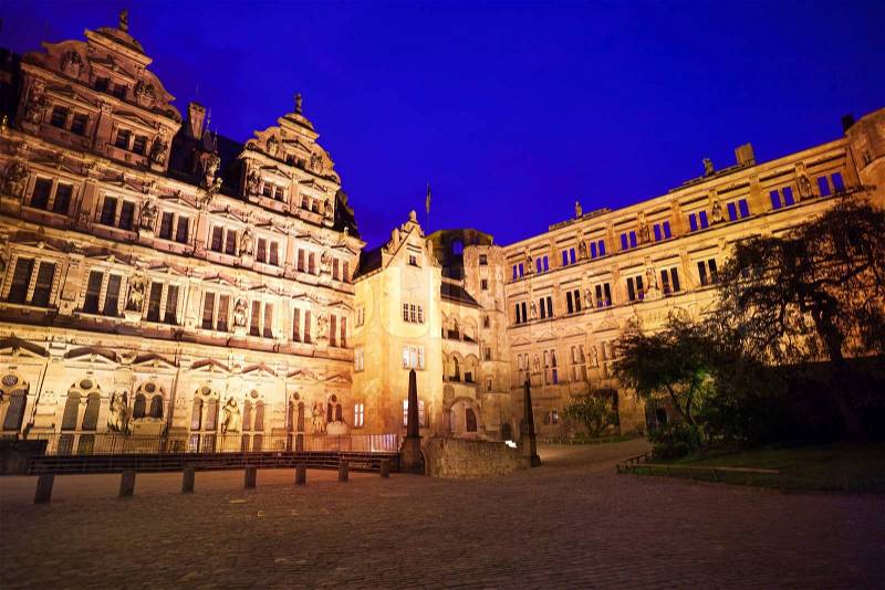 Inner yard of Heidelberg castle during night time in Heidelberg, Germany, stock photo