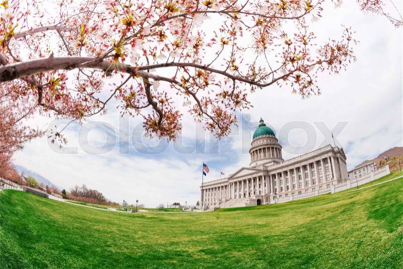 Beautiful fish-eye view of Utah Capitol building during day time in Salt Lake City, USA, stock photo