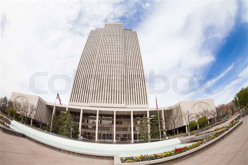 Fish-eye view of the Church of Jesus Christ of Latter-day Saints from below, stock photo