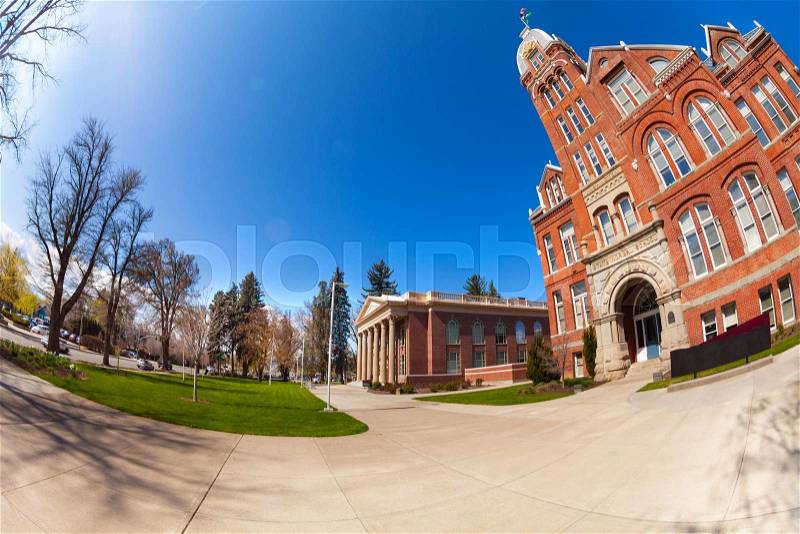 Fish-eye view of University Way street during beautiful sunny day in Ellensburg, Washington, stock photo