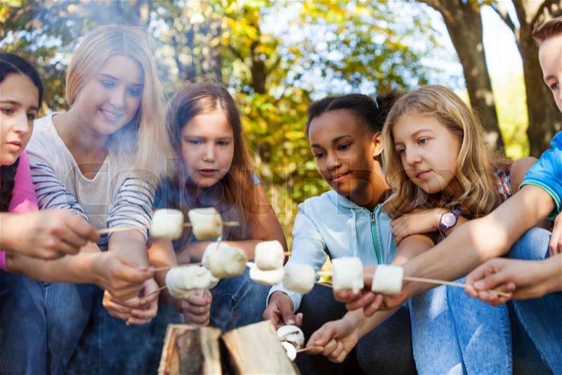 Happy friends hold marshmallow sticks near bonfire together on campsite during sunny autumn day in forest, stock photo